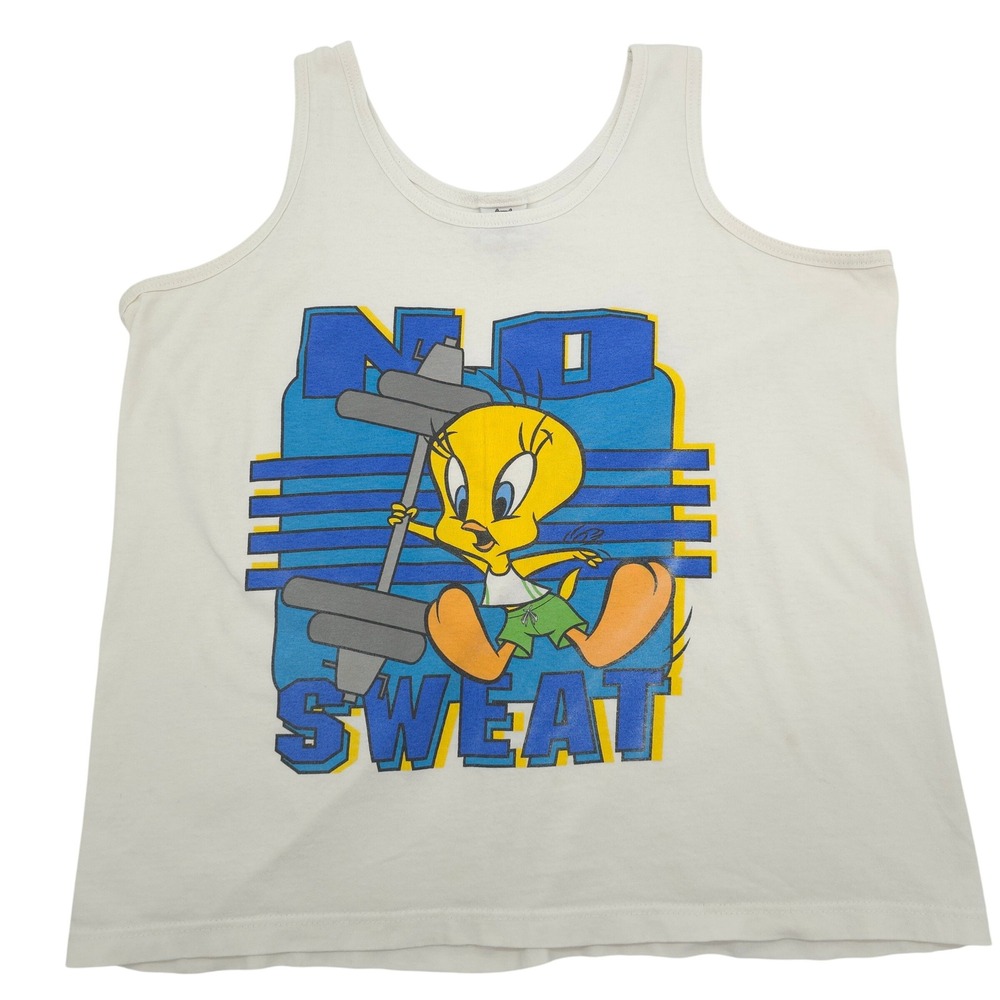 Vintage Tweety Bird No Sweat Graphic Tank Top Looney Tunes Cream Unisex Large